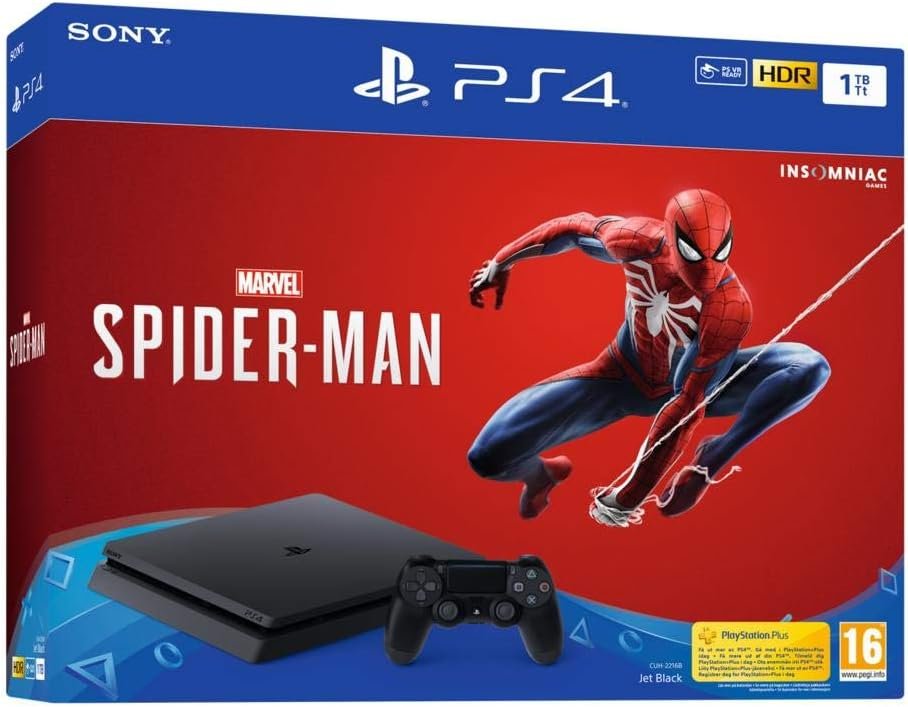 Sony, Pack PS4 Spider-Man, Console PlayStation 4 Slim 1 To + 1 Manette Sans Fil DUALSHOCK 4 V2 + Jeu Marvel&rsquo;s Spider-Man Édition Standard, Châssis F, Couleur : Jet Black
