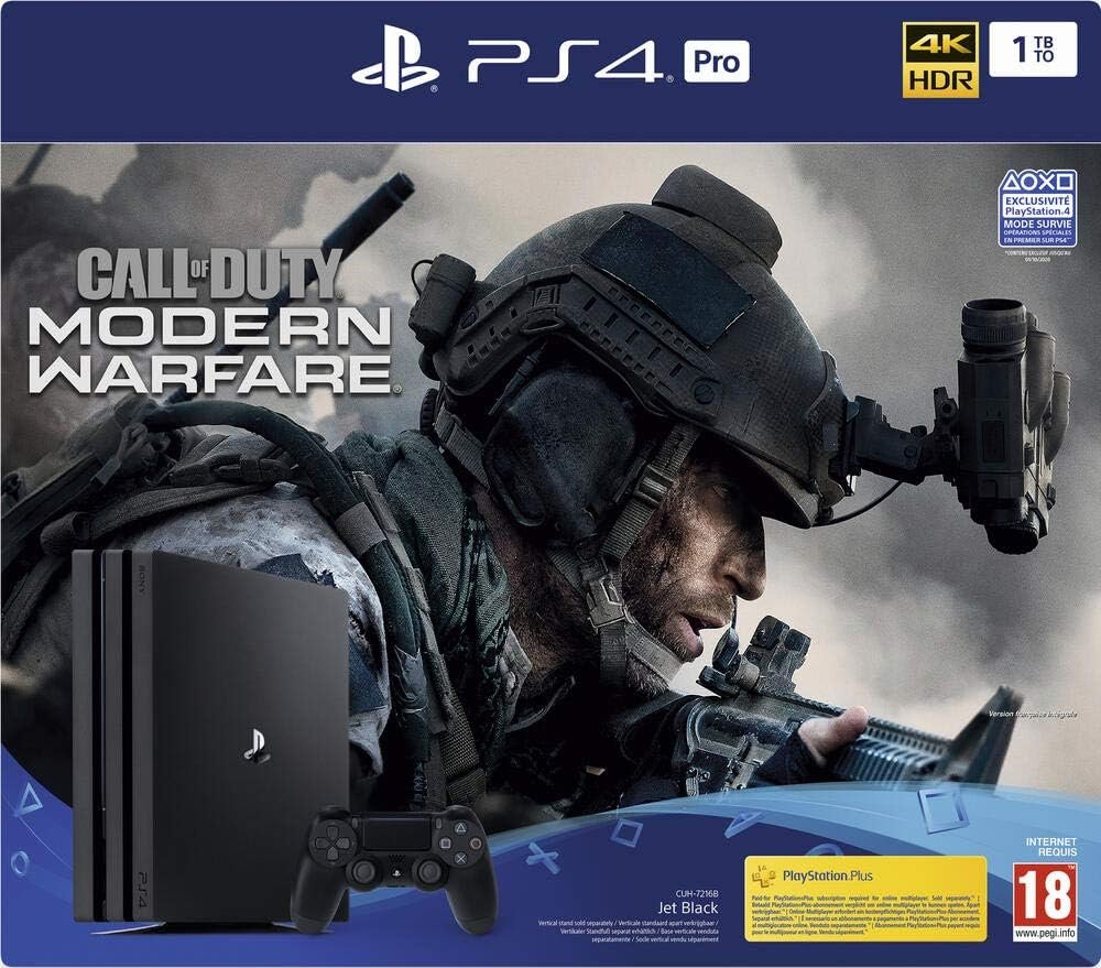 Sony, Pack PS4 Call Of Duty, Console PS4 Pro 1 To + 1 Manette Sans Fil DUALSHOCK 4 V2 + Jeu Call Of Duty Modern Warfare, Châssis G, Couleur : Jet Black